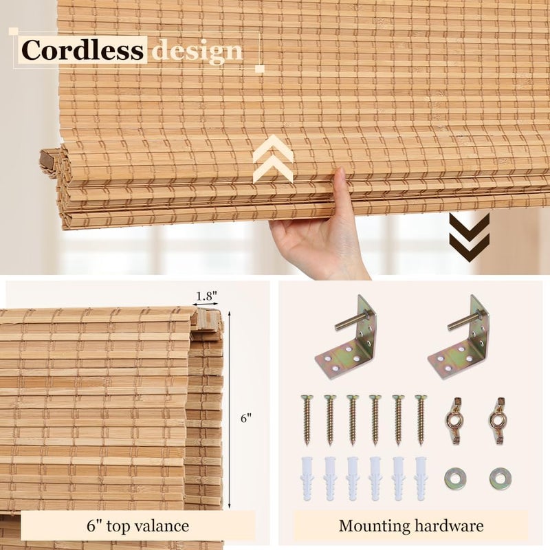 LUCKUP Cordless Bamboo Roman Blinds Shades for Indoor Windows-Blackout Room Darkening Roman Blinds with 6" Valance Cover Enhanced Privacy, 44" W x 64" H - Image 4